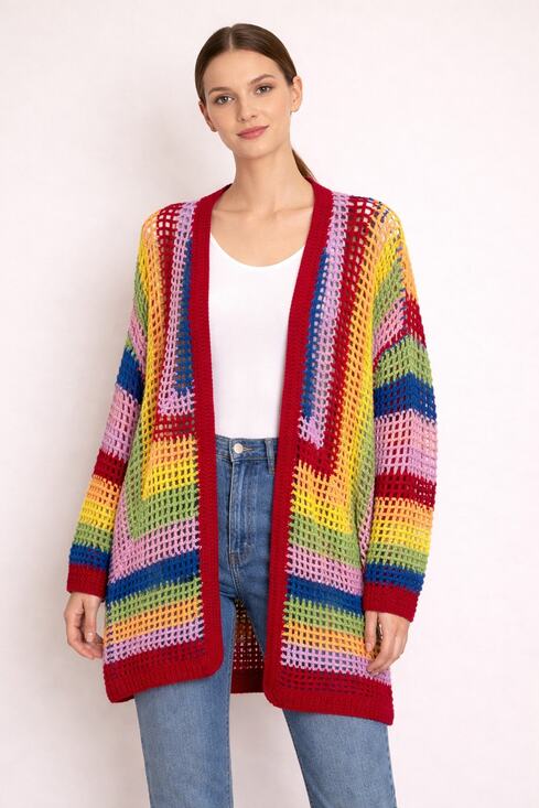 FARM Rio Sweaters - FARM Rio Rainbow Crochet Cardigan Size M Loose Knit Oversized